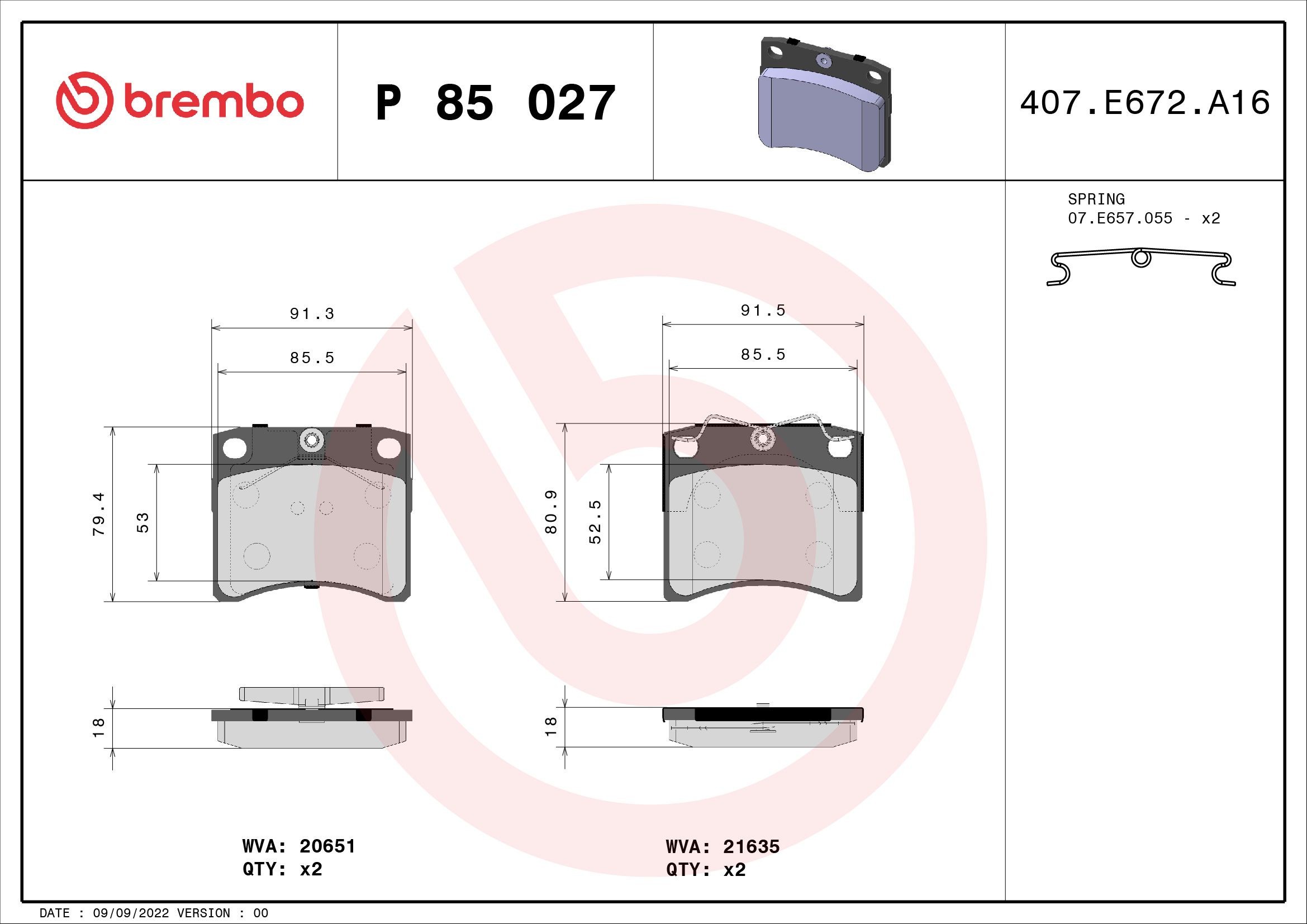 BREMBO P 85 027: Piduriklotsid PRIME LINE koos lisadega, koos kokkusurumisvastase plekiga