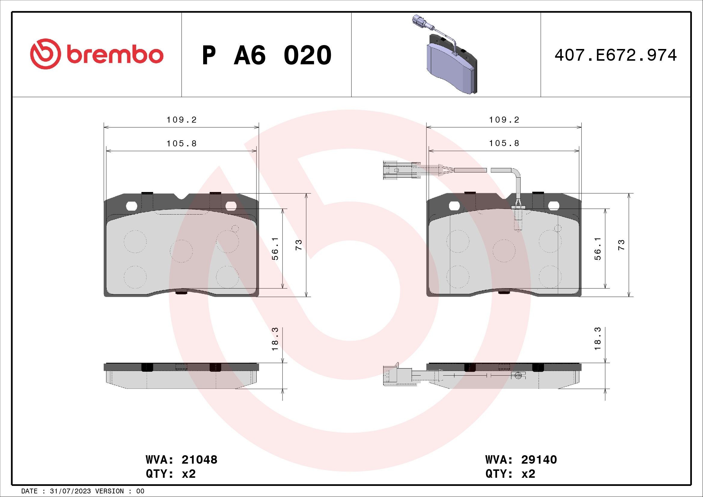 BREMBO P A6 020: Piduriklotsid PRIME LINE ilma lisavarustuseta, koos kokkusurumisvastase plekiga