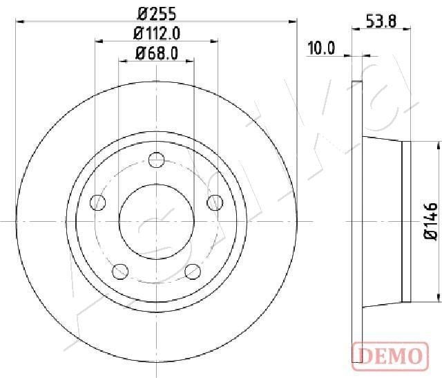 ASHIKA 61-00-0914C: Disc de frână puntea spate, Ř: 255mm, plin, Ř: 255mm, lacuit