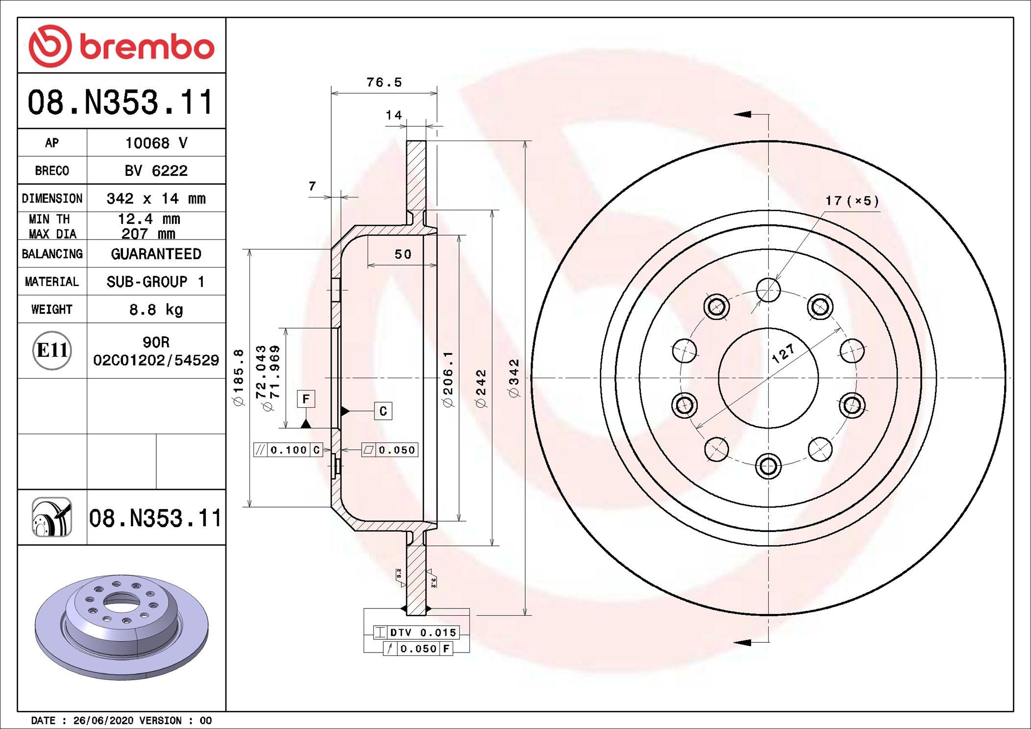 BREMBO 08.N353.11: Stabdžių diskas PRIME LINE - UV Coated Ø: 342mm, visiškai, Ø: 342mm, padengta