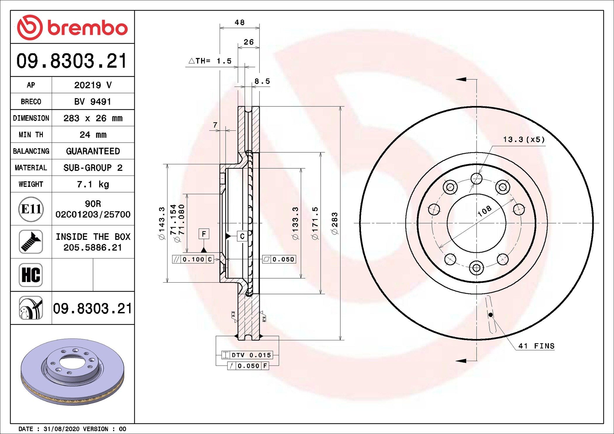 BREMBO 09.8303.21: Piduriketas PRIME LINE - UV Coated Ø: 283mm, sisemine õhutus, Ø: 283mm, kaetud, koos kruvidega