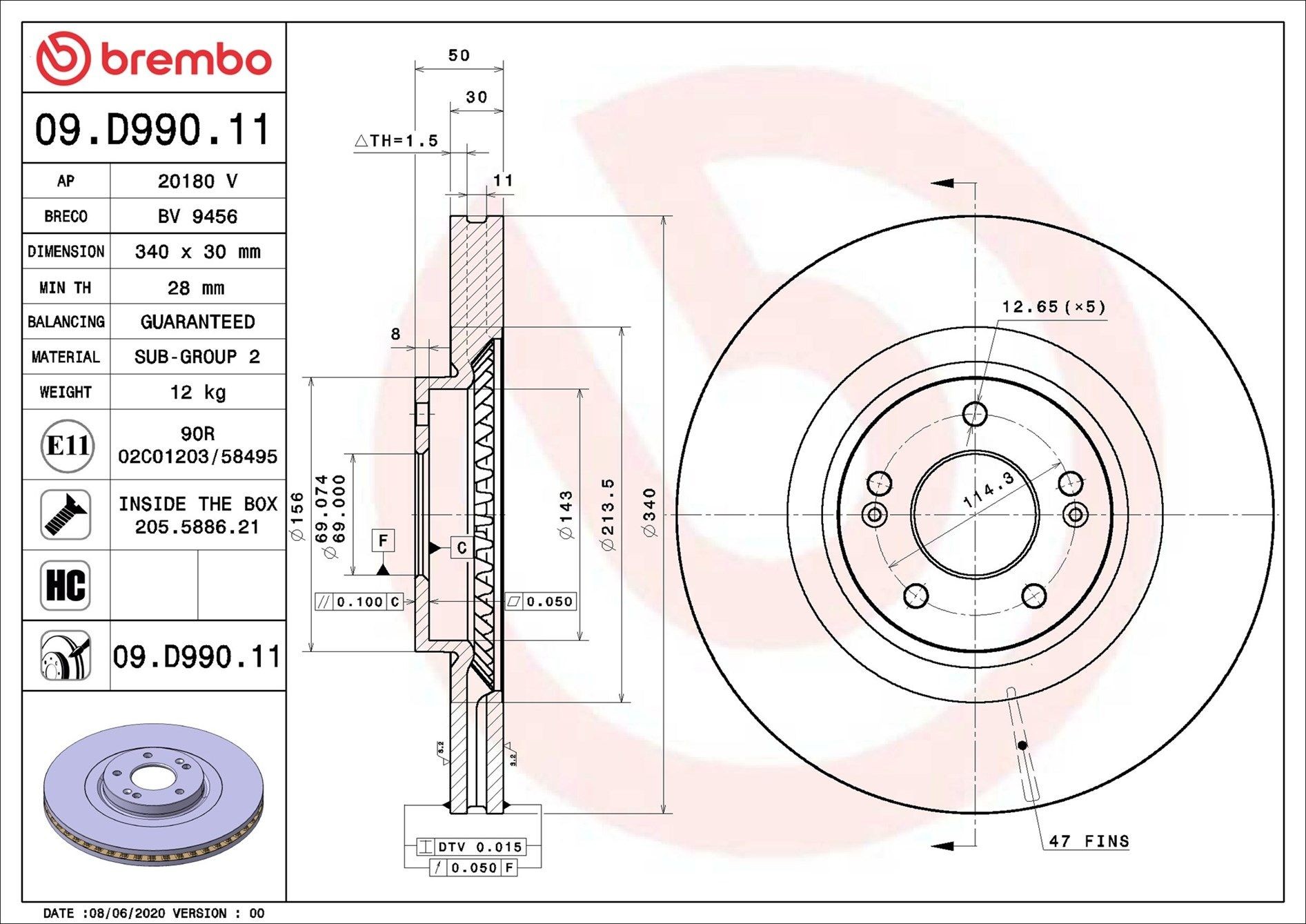 BREMBO 09.D990.11: Disc de frână PRIME LINE - UV Coated Ř: 340mm, ventilat interior, Ř: 340mm, acoperit (cu un strat protector), cu suruburi