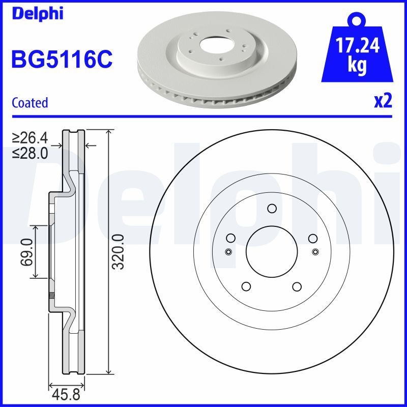 DELPHI BG5116C: Piduriketas Ø: 320mm, õhutusega, Ø: 320mm, kaetud
