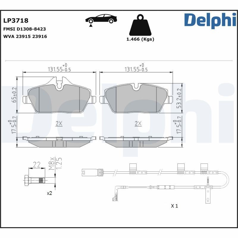 DELPHI LP3718: Fékbetét készlet, tárcsafék Tartozékokkal, csikorgásgátló lemezzel