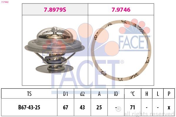 FACET 7.7942: Termostaat, Jahutusvedelik Made in Italy - OE Equivalent 71°C, 67mm, 43mm, koos tihendiga