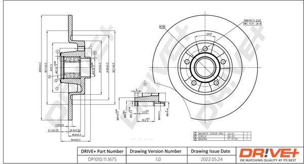 Dr!ve+ DP1010.11.1675: Disc de frână Ř: 300mm, plin, Ř: 300mm, cu capac vaselina, cu rulment roata, cu senzor magnetic inelar integrat, cu piulita