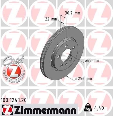 ZIMMERMANN 100.1241.20: Stabdžių diskas Ø: 256mm, išorinis ventiliavimas, Ø: 256mm, padengta COAT Z