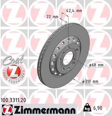 ZIMMERMANN 100.3311.20: Bremžu diski Ø: 310mm, ar ārējo ventilāciju, Ø: 310mm, pārklāts COAT Z