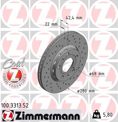 ZIMMERMANN 100.3313.52: Piduriketas Ø: 280mm, välisõhutus, perforeeritud, Ø: 280mm, kaetud SPORT COAT Z