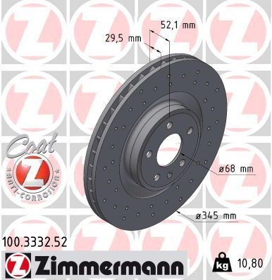 ZIMMERMANN 100.3332.52: Piduriketas Ø: 345mm, sisemine õhutus, perforeeritud, Ø: 345mm, kaetud SPORT COAT Z