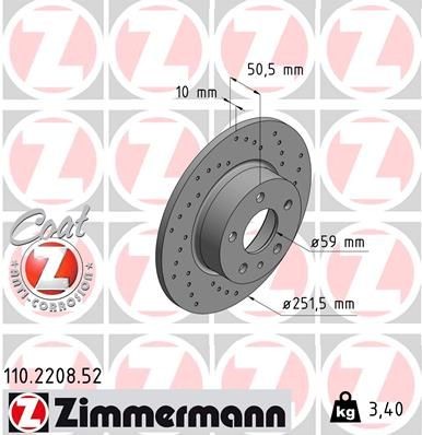 ZIMMERMANN 110.2208.52: Piduriketas Ø: 252mm, täis, perforeeritud, Ø: 252mm, kaetud SPORT COAT Z
