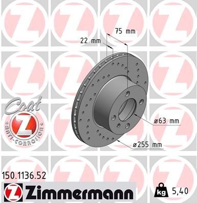 ZIMMERMANN 150.1136.52: Stabdžių diskas Ø: 255mm, vidinis ventiliavimas, perforuota, Ø: 255mm, padengta SPORT COAT Z
