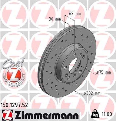 ZIMMERMANN 150.1297.52: Piduriketas Ø: 332mm, sisemine õhutus, perforeeritud, Ø: 332mm, kaetud SPORT COAT Z
