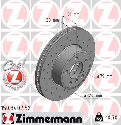 ZIMMERMANN 150.3407.52: Piduriketas Ø: 324mm, sisemine õhutus, perforeeritud, Ø: 324mm, kaetud SPORT COAT Z