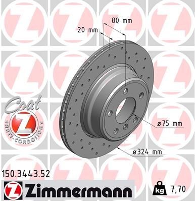 ZIMMERMANN 150.3443.52: Disque de frein Ø: 324mm, ventilé de l'intérieur, perforé, Ø: 324mm, revêtu SPORT COAT Z