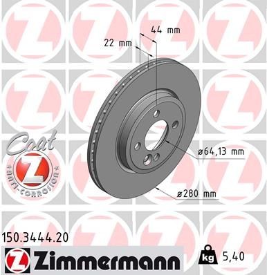 ZIMMERMANN 150.3444.20: Piduriketas Ø: 280mm, sisemine õhutus, Ø: 280mm, kaetud COAT Z