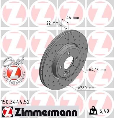 ZIMMERMANN 150.3444.52: Piduriketas Ø: 280mm, sisemine õhutus, perforeeritud, Ø: 280mm, kaetud SPORT COAT Z