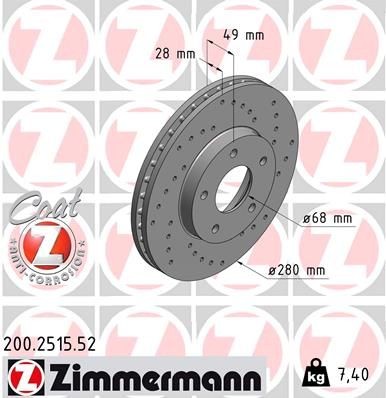 ZIMMERMANN 200.2515.52: Piduriketas Ø: 280mm, sisemine õhutus, perforeeritud, Ø: 280mm, kaetud SPORT COAT Z