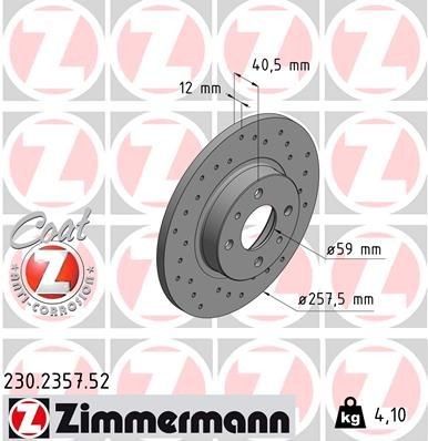 ZIMMERMANN 230.2357.52: Piduriketas Ø: 257mm, täis, perforeeritud, Ø: 257mm, kaetud SPORT COAT Z