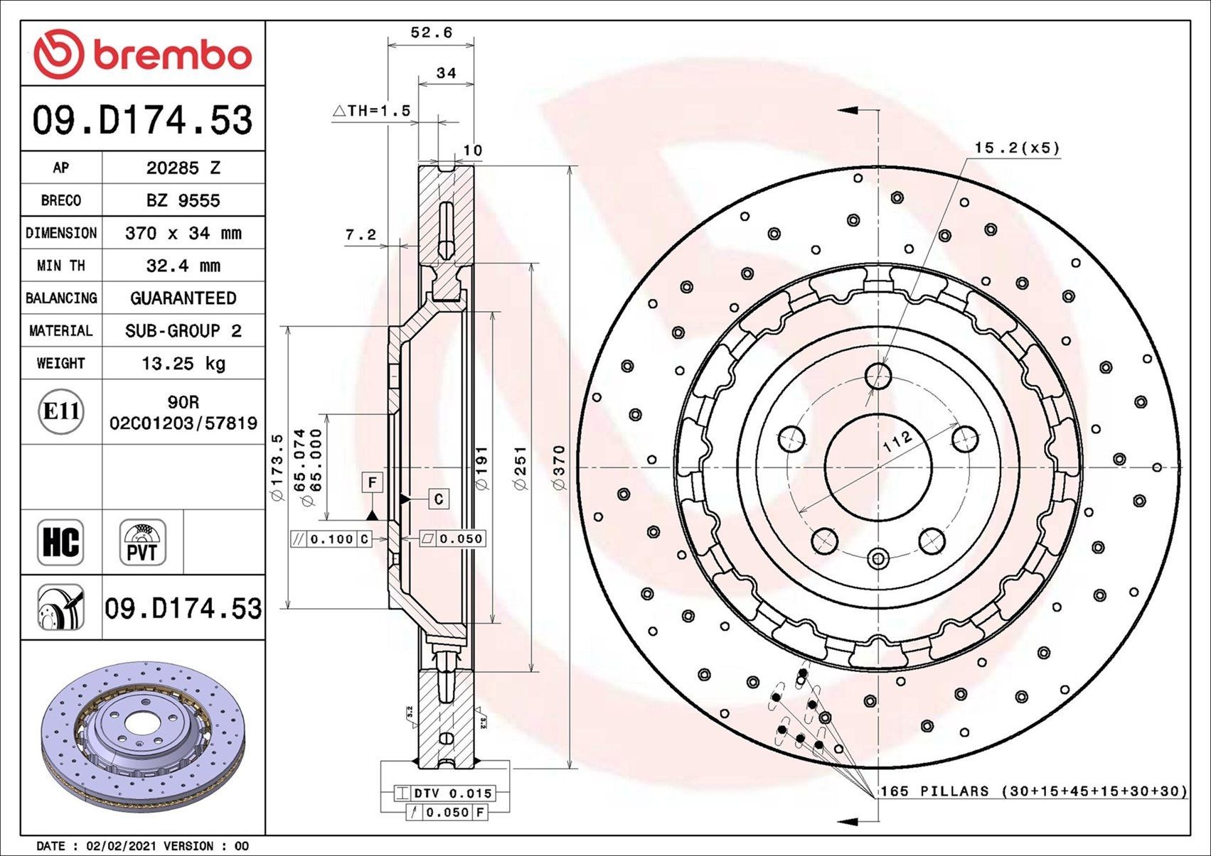 BREMBO 09.D174.53: Piduriketas PRIME LINE - Dual Cast Ø: 370mm, augustatud/sise, kaheosaline piduriketas, Alumiiniumist pidurikettakamber, Ø: 370mm, kaetud