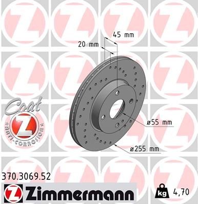ZIMMERMANN 370.3069.52: Piduriketas Ø: 255mm, sisemine õhutus, perforeeritud, Ø: 255mm, kaetud SPORT COAT Z