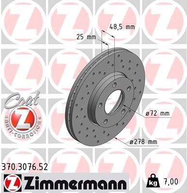 ZIMMERMANN 370.3076.52: Piduriketas Ø: 278mm, sisemine õhutus, perforeeritud, Ø: 278mm, kaetud SPORT COAT Z