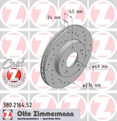 ZIMMERMANN 380.2164.52: Piduriketas Ø: 276mm, sisemine õhutus, perforeeritud, Ø: 276mm, kaetud SPORT COAT Z