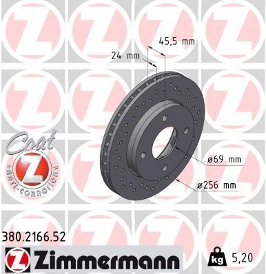 ZIMMERMANN 380.2166.52: Stabdžių diskas Ø: 256mm, išorinis ventiliavimas, perforuota, Ø: 256mm, padengta SPORT COAT Z