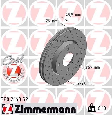 ZIMMERMANN 380.2168.52: Piduriketas Ø: 276mm, sisemine õhutus, perforeeritud, Ø: 276mm, kaetud SPORT COAT Z