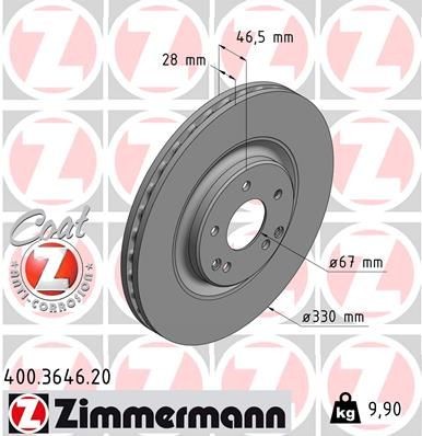 ZIMMERMANN 400.3646.20: Disc de frână Ř: 330mm, ventilat interior, Ř: 330mm, acoperit (cu un strat protector) COAT Z