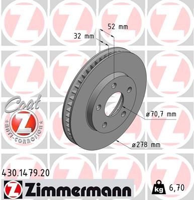 ZIMMERMANN 430.1479.20: Piduriketas Ø: 278mm, sisemine õhutus, Ø: 278mm, kaetud COAT Z