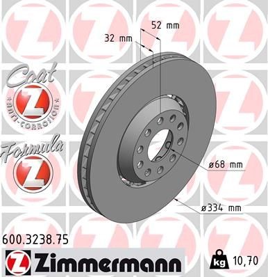 ZIMMERMANN 600.3238.75: Disc de frână Ř: 334mm, ventilat, disc de frână din două părți, disc de frână flotant, Disc de frână tip oală din aluminiu, Ř: 334mm, acoperit (cu un strat protector) FORMULA Z COAT Z