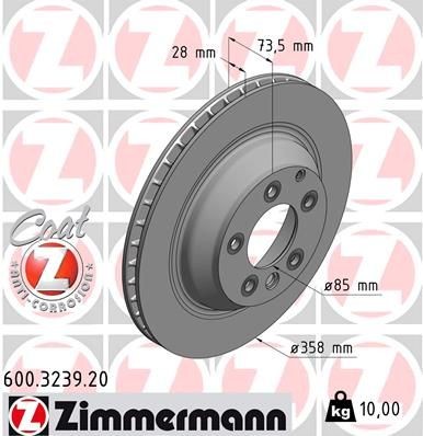 ZIMMERMANN 600.3239.20: Disco de freno Ø: 358mm, ventilación externa, Ø: 358mm, revestido COAT Z