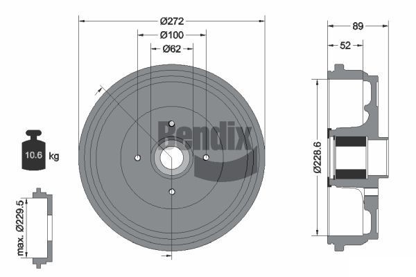 BENDIX Braking BDM1115: Piduritrummel 272mm, koos rattakeskmega, koos integreeritud magnetilise anduriga, koos rattalaagriga, ilma rattakinnituspoltideta