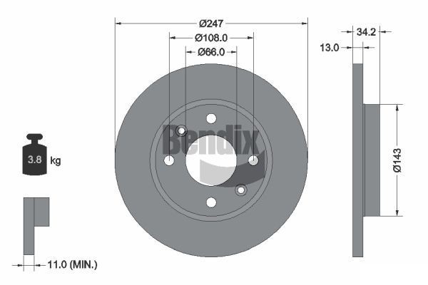 BENDIX Braking BDS1021: Disc de frână Ř: 247mm, plin, Ř: 247mm, acoperit (cu un strat protector), fara butuc roata, fara rulment roata, fara suruburi de fixare roata