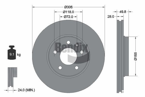BENDIX Braking BDS1039HC: Stabdžių diskas Ø: 306mm, išorinis ventiliavimas, Ø: 306mm, padengta, be rato stebulės, be rato guolio, be rato tvirtinimo smeigių