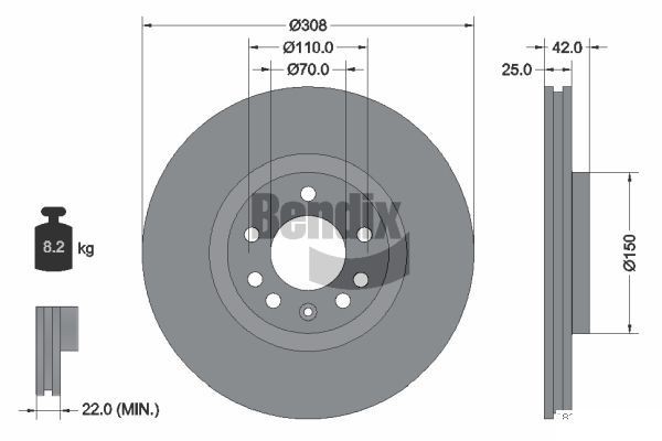 BENDIX Braking BDS1046HC: Piduriketas Ø: 308mm, välisõhutus, Ø: 308mm, kaetud, ilma rattakeskmeta, ilma rattalaagrita, ilma rattakinnituspoltideta