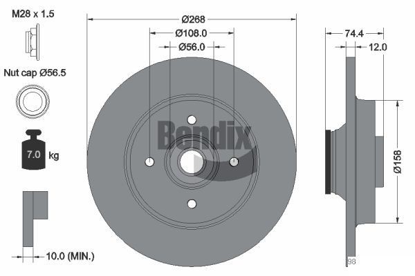 BENDIX Braking BDS1058: Bremseskive Ø: 268mm, fuldstændigt, Ø: 268mm, med akselmøtrik, coatet, med integreret magnetisk sensorring, med hjulleje, uden hjulbolte, uden hjulnav