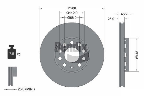 BENDIX Braking BDS1070HC: Piduriketas Ø: 288mm, välisõhutus, Ø: 288mm, kaetud, ilma rattakeskmeta, ilma rattalaagrita, ilma rattakinnituspoltideta