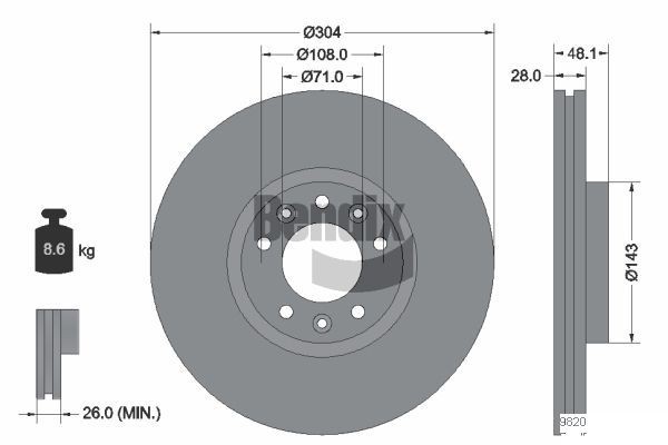 BENDIX Braking BDS1091HC: Piduriketas Ø: 304mm, sisemine õhutus, Ø: 304mm, kaetud, ilma rattakeskmeta, ilma rattalaagrita, ilma rattakinnituspoltideta
