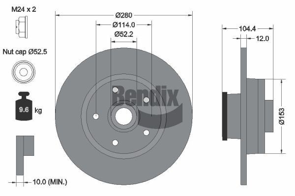 BENDIX Braking BDS1112: Piduriketas Ø: 280mm, täis, Ø: 280mm, teljemutriga, kaetud, koos ABS-andurirõngaga, koos rattalaagriga, ilma rattakinnituspoltideta, koos rattakeskmega