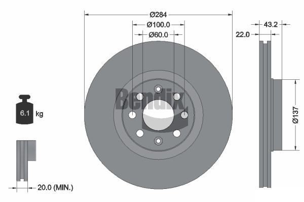 BENDIX Braking BDS1132: Bremseskive Ø: 284mm, indvendigt ventileret, Ø: 284mm, coatet, uden hjulnav, uden hjullejer, uden hjulbolte