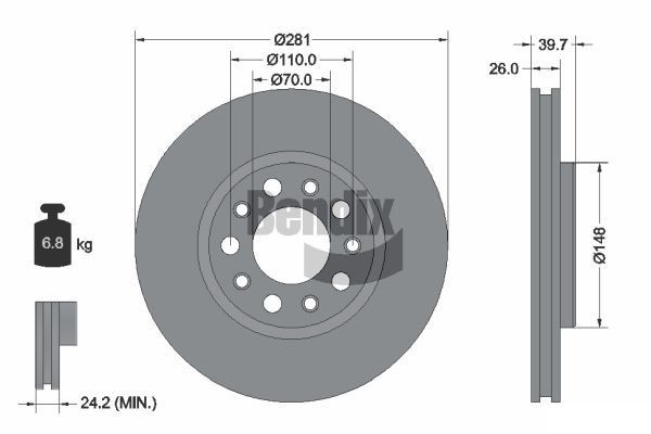 BENDIX Braking BDS1139: Piduriketas Ø: 281mm, sisemine õhutus, Ø: 281mm, kaetud, ilma rattakeskmeta, ilma rattalaagrita, ilma rattakinnituspoltideta