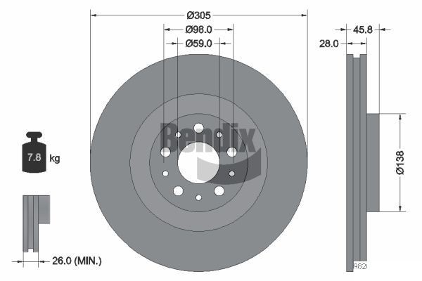 BENDIX Braking BDS1174: Piduriketas Ø: 305mm, sisemine õhutus, Ø: 305mm, kaetud, ilma rattakeskmeta, ilma rattalaagrita, ilma rattakinnituspoltideta
