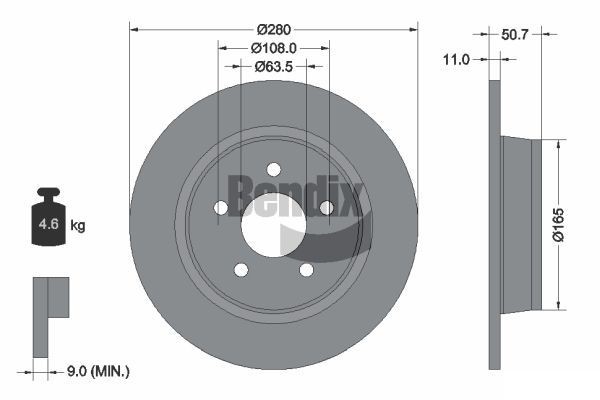 BENDIX Braking BDS1178: Disque de frein Ø: 280mm, plein, Ø: 280mm, revêtu, sans moyeu de roue, sans roulement de roue, sans boulon de fix° de roue