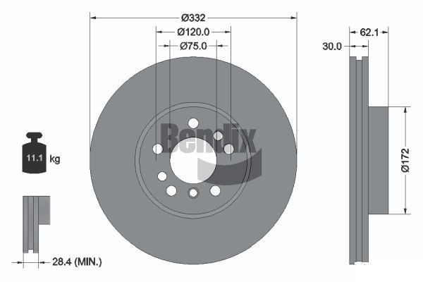 BENDIX Braking BDS1184HC: Piduriketas Ø: 332mm, sisemine õhutus, Ø: 332mm, kaetud, ilma rattakeskmeta, ilma rattalaagrita, ilma rattakinnituspoltideta
