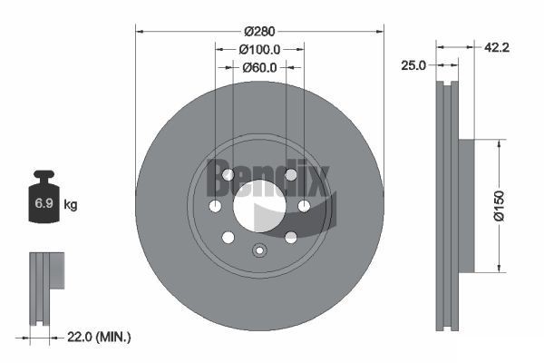 BENDIX Braking BDS1193: Piduriketas Ø: 280mm, sisemine õhutus, Ø: 280mm, kaetud, ilma rattakeskmeta, ilma rattalaagrita, ilma rattakinnituspoltideta