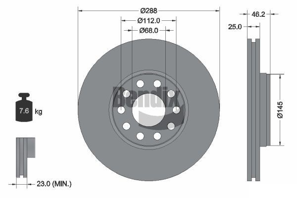 BENDIX Braking BDS1197HC: Piduriketas Ø: 288mm, välisõhutus, Ø: 288mm, kaetud, ilma rattakeskmeta, ilma rattalaagrita, ilma rattakinnituspoltideta