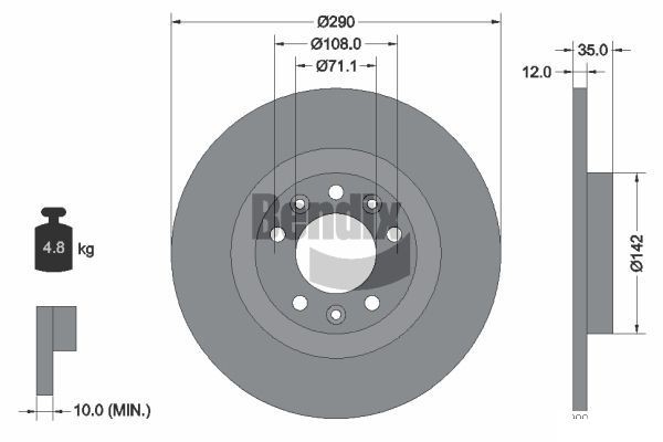 BENDIX Braking BDS1220: Disc de frână Ř: 290mm, plin, Ř: 290mm, acoperit (cu un strat protector), fara butuc roata, fara rulment roata, fara suruburi de fixare roata