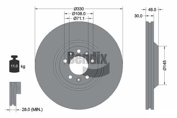 BENDIX Braking BDS1259: Disc de frână Ř: 330mm, ventilat exterior, Ř: 330mm, acoperit (cu un strat protector), fara butuc roata, fara rulment roata, fara suruburi de fixare roata